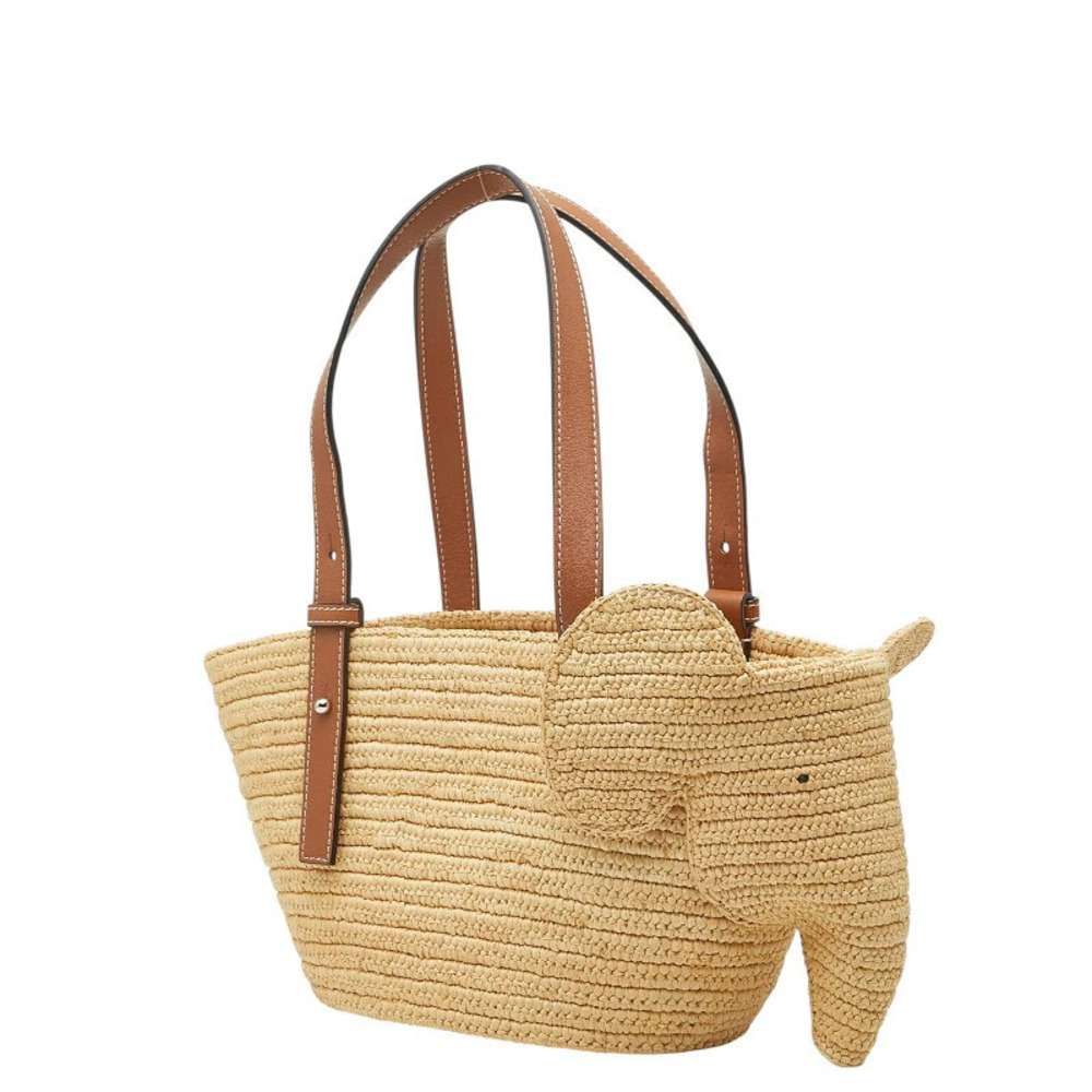 Loewe Elephant Leather Handbag Basket Beige Raffia Bag Brown Tan Brown